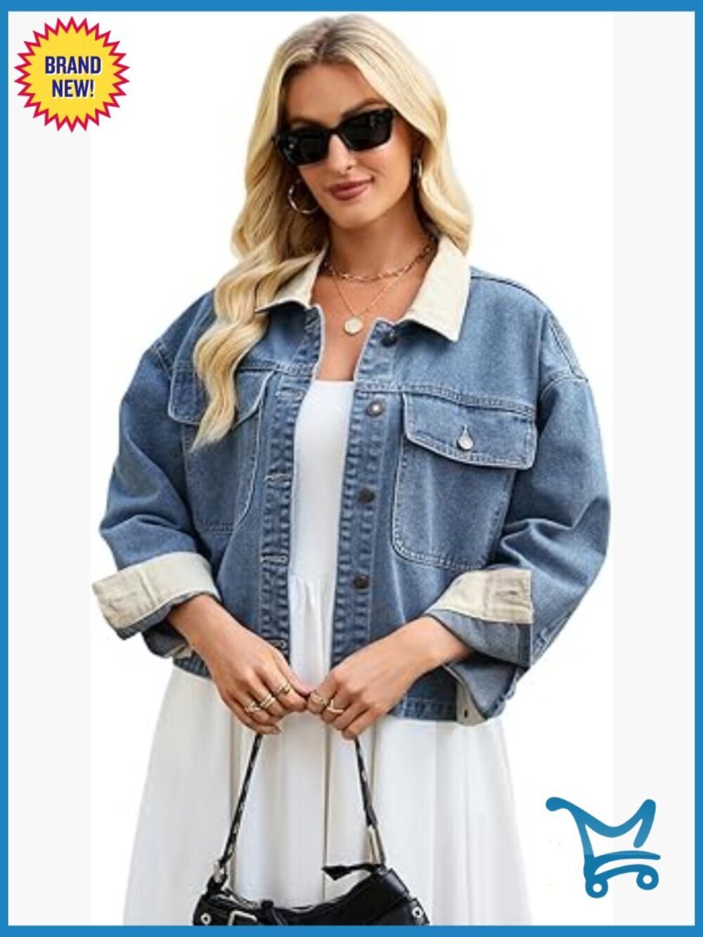 Cropped Oversized Jean Jacket Color Block Contrast Collar Shacket with Pockets